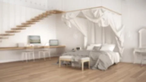 Blur background interior design, canopy bed in minimalistic white and gray be Stock Illustration