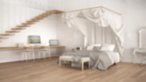 Blur background interior design, canopy bed in minimalistic white bedroom wit Stock Illustration