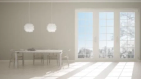 Blur background interior design, classic white kitchen with wooden and beige  Illustrazione stock