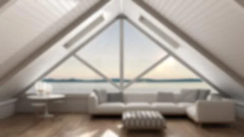 Blur background interior design, classic mezzanine loft with big window and s Stock Illustration
