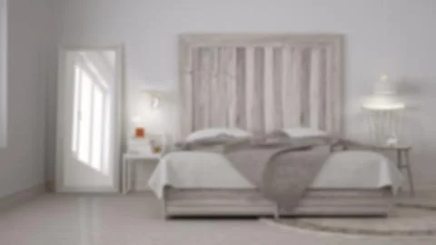 Blur background interior design, contemporary bedroom, bed with wooden headbo Stock Illustration