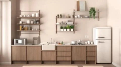 Blur background interior design, country kitchen, eco sustainable parquet, po Illustrazione stock