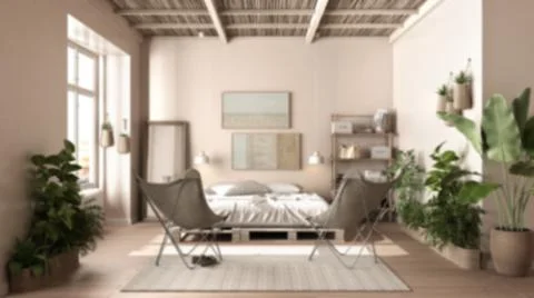 Blur background interior design, country rustic bedroom, eco sustainable parq Illustrazione stock