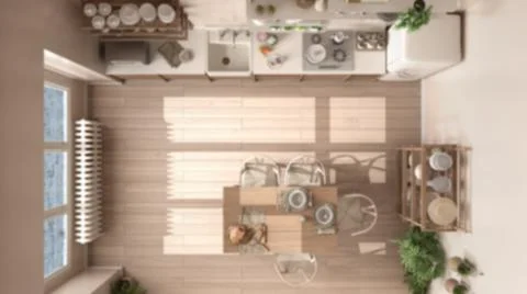Blur background interior design, eco sustainable parquet floor, dining table  库存插图