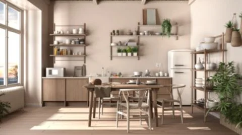 Blur background interior design, eco country kitchen, eco interior design, su Illustrazione stock