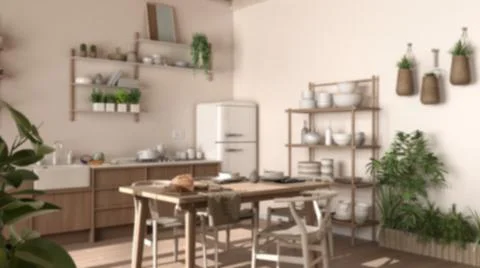 Blur background interior design, eco country kitchen, eco interior design, su Illustrazione stock