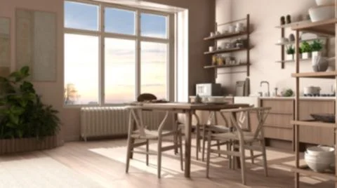 Blur background interior design, eco country kitchen, eco interior design, su 스톡 일러스트
