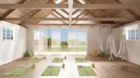 Blur background interior design: empty yoga studio, minimal open space with m Stock Illustration