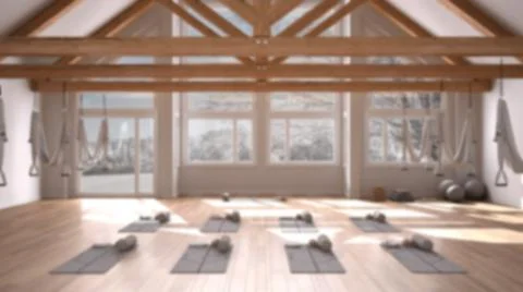 Blur background interior design: empty yoga studio, space with hammock, mats, Stock Illustration