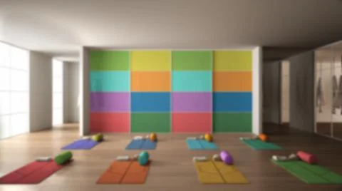 Blur background interior design: empty yoga studio, space with mats, hammocks Stock Illustration
