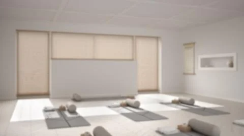 Blur background interior design: empty yoga studio, open space with mats, pil Stock Illustration