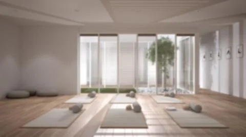 Blur background interior design: empty yoga studio, open space with mats and  Stock Illustration