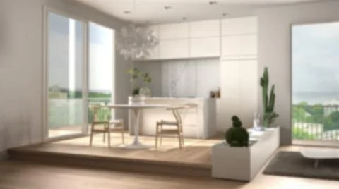 Blur background interior design: living room with sofa, kitchen, dining table 스톡 일러스트