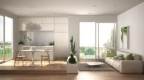Blur background interior design: living room with sofa, kitchen, dining table Illustrazione stock