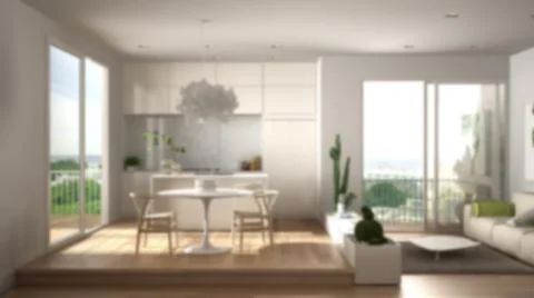 Blur background interior design: living room with sofa, kitchen, dining table Illustrazione stock
