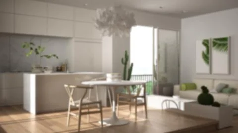 Blur background interior design: living room with sofa, kitchen, dining table 스톡 일러스트