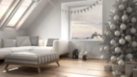 Blur background interior design, loft living room with Christmas tree and pre Stock Illustration