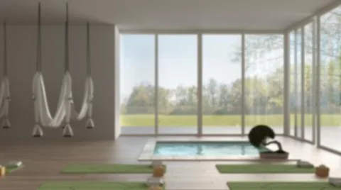 Blur background interior design: minimal space with mats, hammock and accesso Illustrazione stock