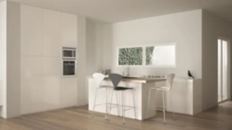 Blur background interior design, minimalist white kitchen with dining table a Stock Illustration
