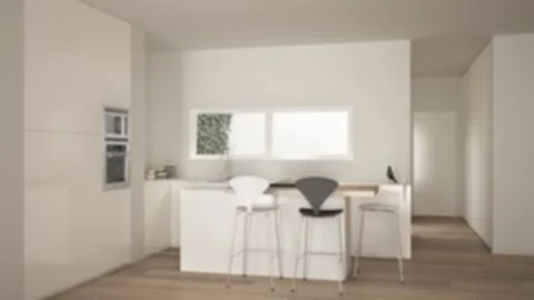 Blur background interior design, minimalist white kitchen with dining table a Stock Illustration