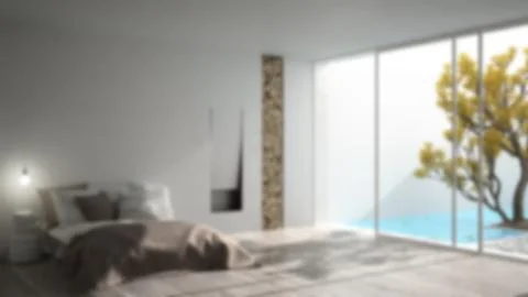 Blur background interior design, minimalist modern bedroom with big window sh Illustrazione stock