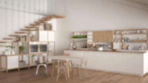 Blur background interior design, minimalist white wooden kitchen, loft with s Stock Illustration