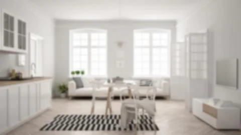 Blur background interior design, minimalist modern kitchen with dining table  Illustrazione stock