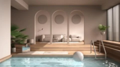 Blur background interior design, minimalist living room, open space with parq Illustrazione stock