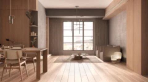 Blur background interior design, minimalist kitchen with dining room, dining  Ilustración de archivo