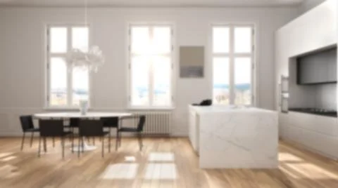 Blur background interior design, minimalist kitchen in classic room, parquet  Stock Illustration