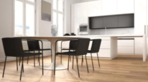 Blur background interior design, minimalist kitchen in classic room, parquet  Illustrazione stock
