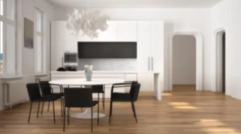 Blur background interior design, minimalist kitchen in classic room, parquet  Illustrazione stock