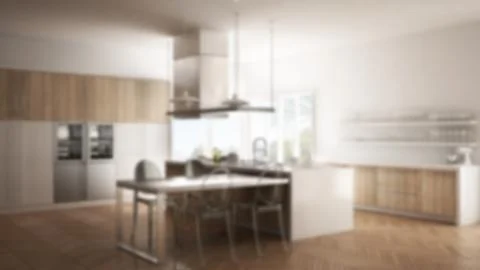 Blur background interior design, minimalistic modern kitchen with table, chai Stock Illustration