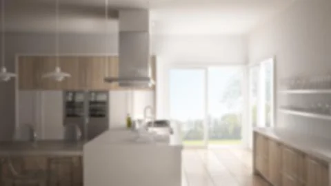 Blur background interior design, minimalistic modern kitchen with table, chai 스톡 일러스트