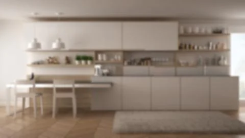 Blur background interior design, minimalistic modern kitchen with wooden deta Stock Illustration