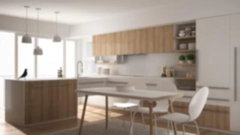 Blur background interior design, modern minimalistic wooden kitchen with parq Illustrazione stock