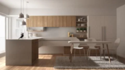 Blur background interior design, modern minimalistic wooden kitchen with parq Illustrazione stock