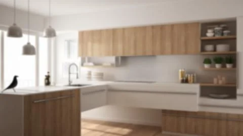 Blur background interior design, modern minimalistic wooden kitchen with parq Stock Illustration