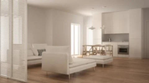 Blur background interior design, modern clean living room with kitchen and di Illustrazione stock