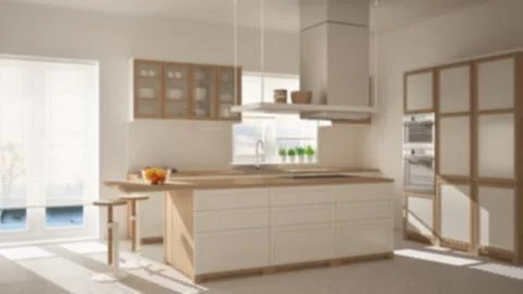 Blur background interior design, modern wooden and white kitchen with island, Stock Illustration