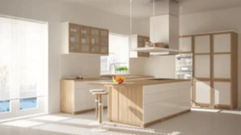 Blur background interior design, modern wooden and white kitchen with island, Illustrazione stock