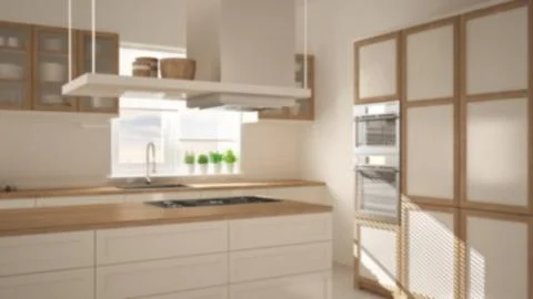 Blur background interior design, modern wooden and white kitchen with island, Stock Illustration