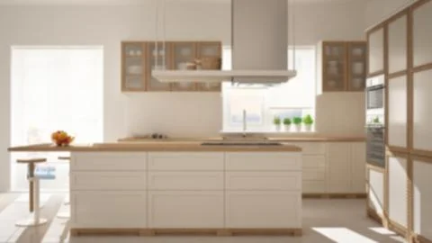 Blur background interior design, modern wooden and white kitchen with island, Illustrazione stock