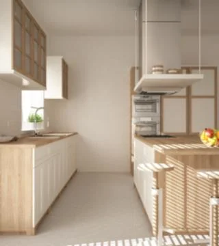 Blur background interior design, modern wooden and white kitchen with island, Illustrazione stock