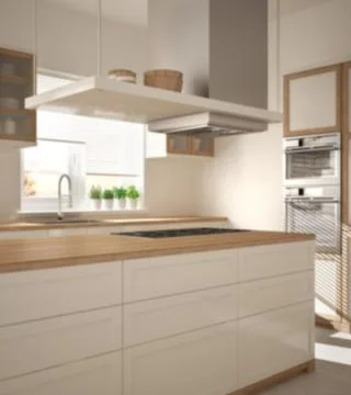 Blur background interior design, modern wooden and white kitchen with island, Illustrazione stock