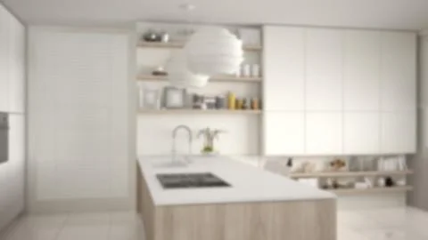 Blur background interior design, modern kitchen with shelves and cabinets, is Stock Illustration