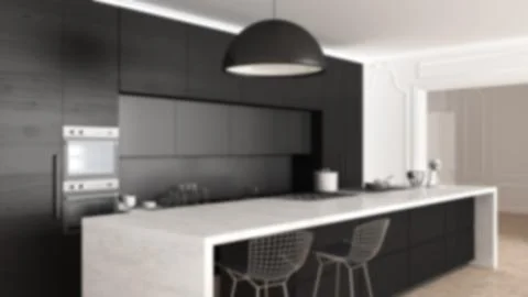 Blur background interior design, modern kitchen in classic apartment, cabinet Illustrazione stock