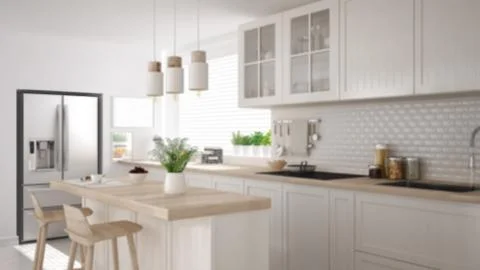Blur background interior design, modern scandinavian kitchen with island, sto Stock Illustration