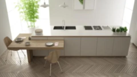 Blur background interior design, modern clean contemporary kitchen, island an Illustrazione stock