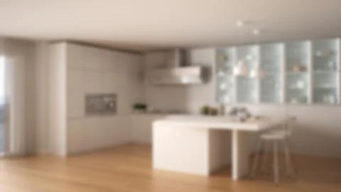 Blur background interior design, modern minimalist white kitchen with parquet Stock Illustration